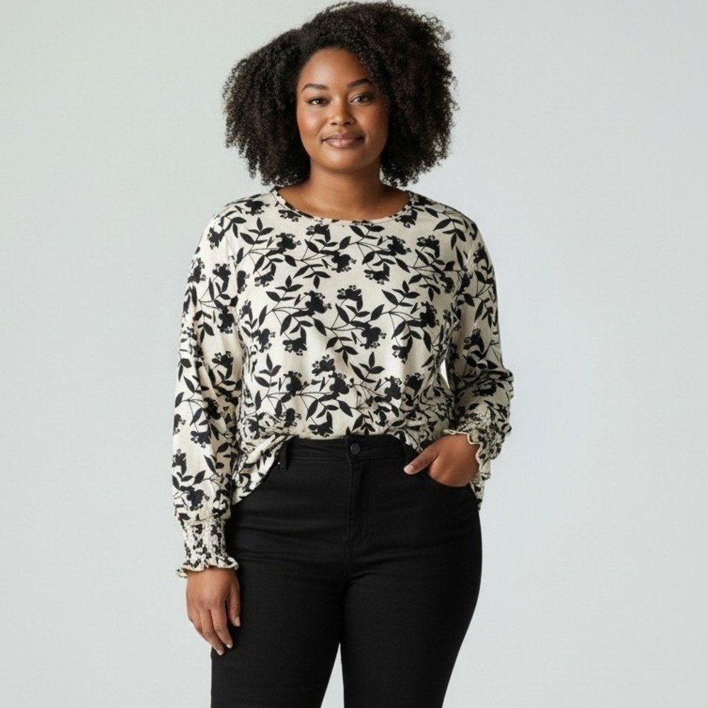 NWT Ivicoer Cream Black Floral Cuffed Long Sleeve Crewneck Blouse Size 2X